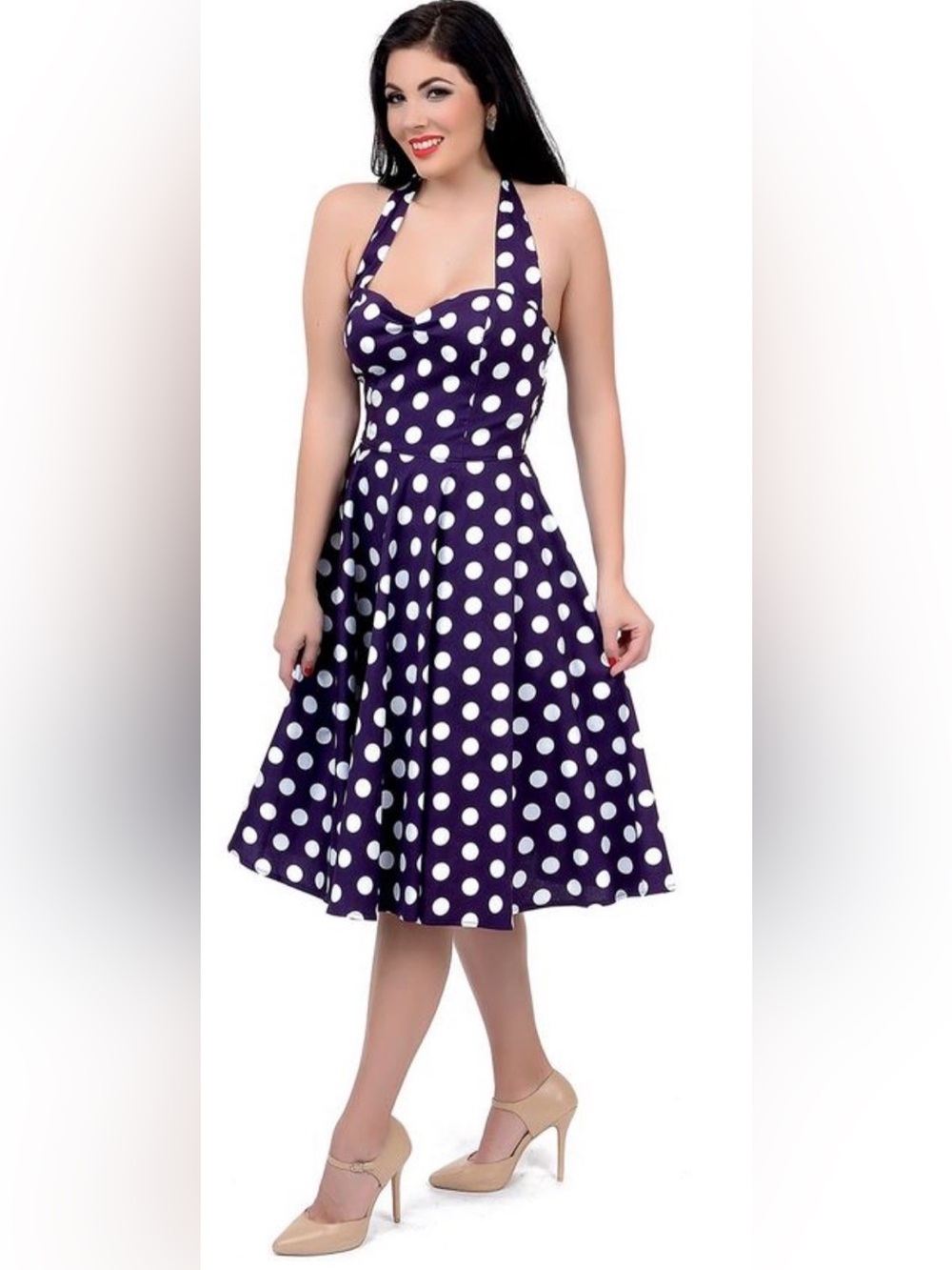 Hell Bunny dress purple color with a classic white polka dot halter neck size M